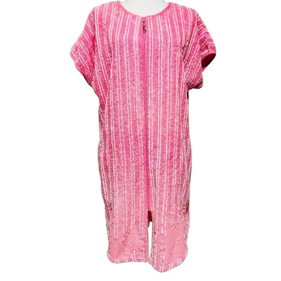 STAN HERMAN WOMEN’S TERRY CLOTH SHORT ROBE SIZE MEDIUM PINK WITH WHITE STRIPES - Picture 1 of 16
